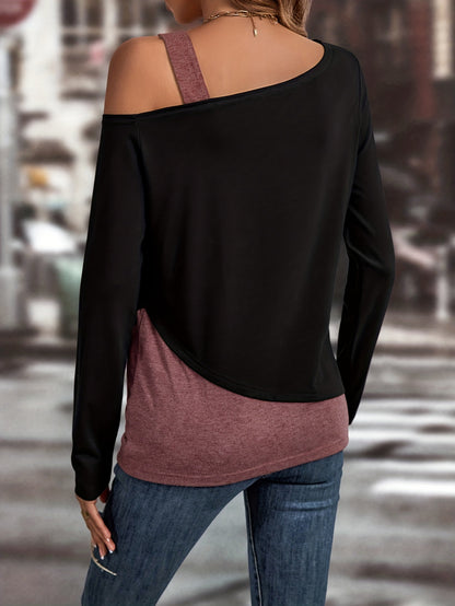 Colorblock Cold Shoulder T-Shirt, Casual Long Sleeve Top For Spring & Fall, Women's Clothing