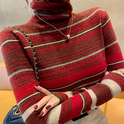 vlovelaw Stripes Print Turtle Neck Pullover Sweater, Elegant Long Sleeve Knitted Sweater For Fall & Winter, Women's Clothing