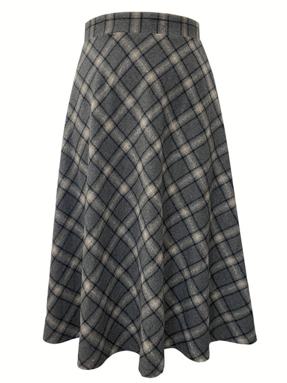 vlovelaw  Plus Size Elegant Skirt, Women's Plus Plaid Print Elastic Woolen A-line All-match Skirt