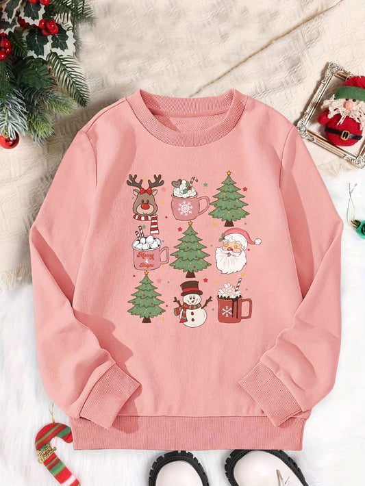 Cozy Christmas Print Girl's Sweatshirt - Soft, Holiday-Themed, Casual Loose Fit Long Sleeve Pullover Top for Kids - Perfect Gift for Holiday Season, Winter Wear, and Everyday Casual Occasions