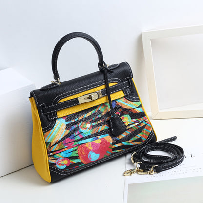 VLOVELAW 2025 New Fashion Printed Graffiti Kai Bag Cartoon Pattern Leather Women's Bag First Layer Cowhide One Shoulder Crossbody Handbag