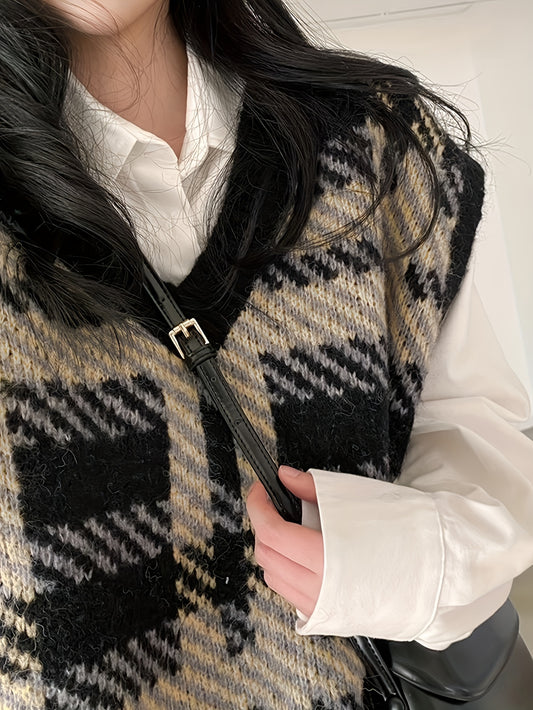 vlovelaw  Plaid Pattern V Neck Knit Vest, Vintage Long Sleeve Loose Sweater Vest, Women's Clothing