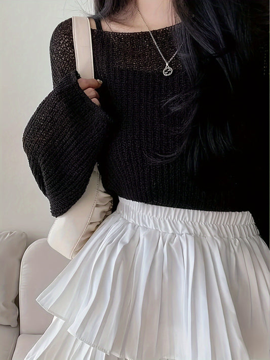 vlovelaw  Solid Boat Neck Pullover Sweater, Casual Long Sleeve Thin Knit Sweater, Women's Clothing