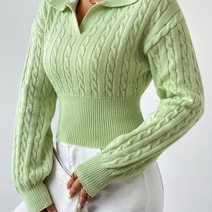 Twist Textured V Neck Knitted Top, Casual Long Sleeve Sweater For Fall & Winter, Women's Clothing