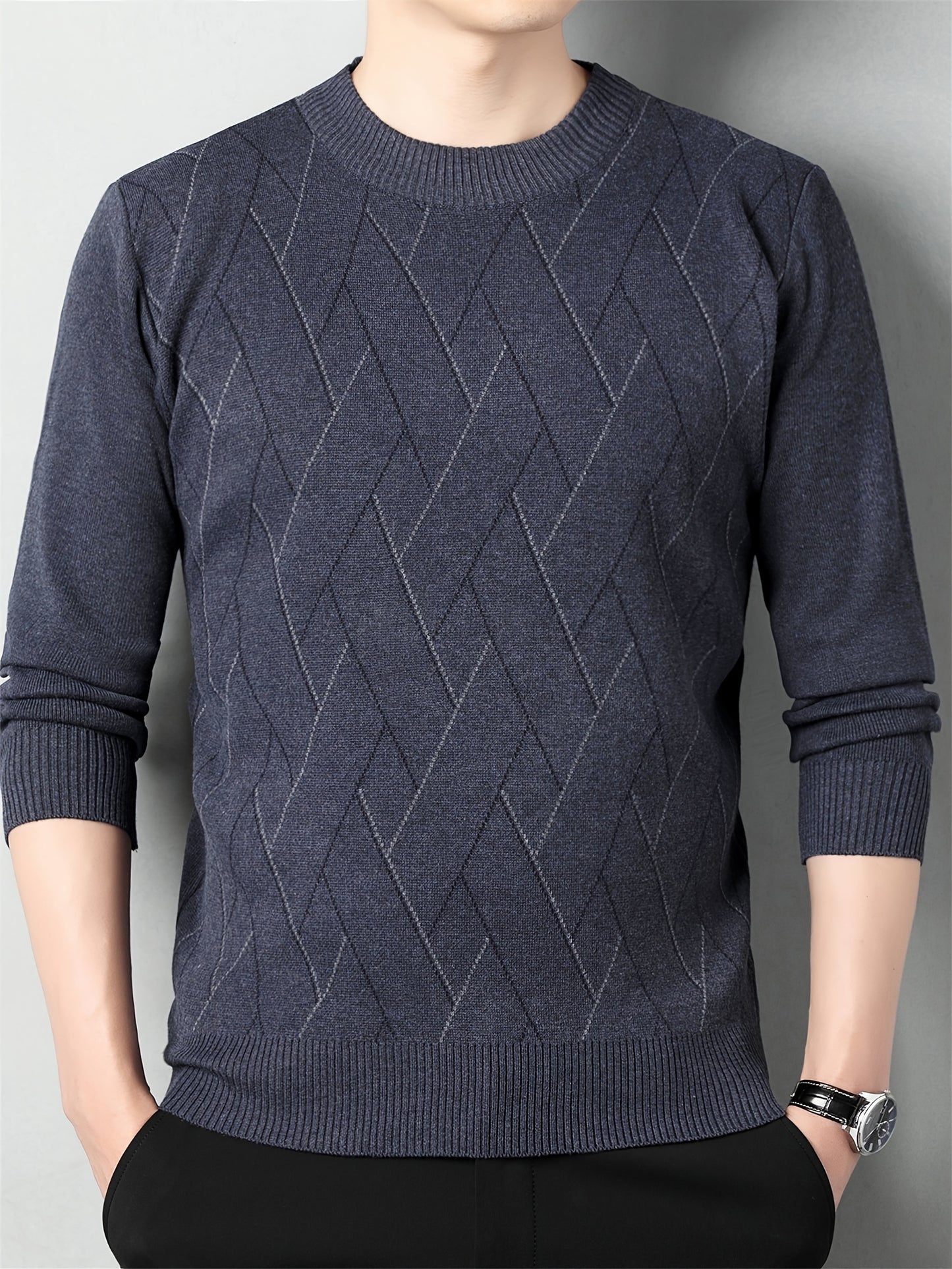 vlovelaw  Men's Stylish Geometric Pattern Knitted Pullover, Casual Breathable Long Sleeve Crew Neck Top For City Walk Street Hanging Outdoor Activities