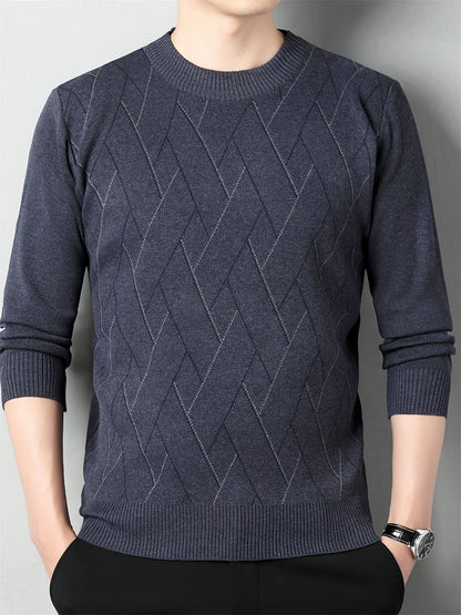vlovelaw  Men's Stylish Geometric Pattern Knitted Pullover, Casual Breathable Long Sleeve Crew Neck Top For City Walk Street Hanging Outdoor Activities