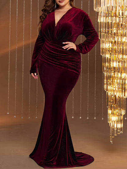 vlovelaw Plus Size Solid Ruched Brush Train Dress, Elegant V Neck Long Sleeve Dress For Party & Banquet, Women's Plus Size Clothing