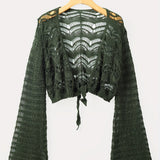 vlovelaw Crochet Cropped Knit Cardigan, Boho Flared Sleeve Solid Sweater, Women's Clothing