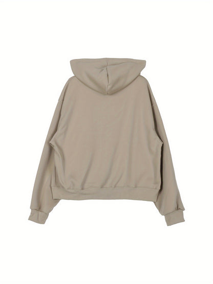 vlovelaw  Solid Full Zip Front Drop Shoulder Hoodie, Kangaroo Pocket Casual Hooded Sweatshirt, Women's Clothing