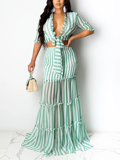 vlovelaw  Sexy Striped Chiffon Print Skirt Two-piece Set, Lace Up Crop Tops & High Waist Long Skirt Set, Women's Clothing