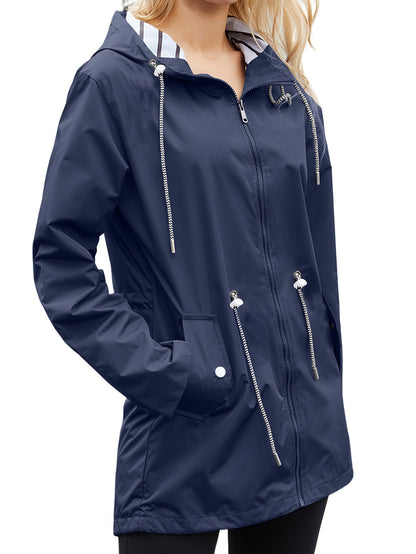 vlovelaw  Lightweight Waterproof Raincoats, Outdoor Hooded Windbreaker, Zip Up Drawstring Rain Jackets With Pockets, Women's Clothing