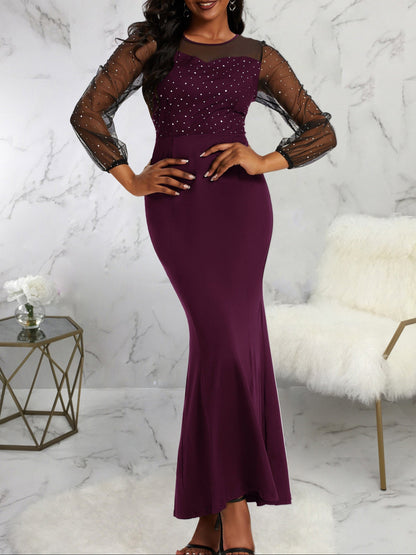Solid Sheer Sleeve Dress, Elegant Crew Neck Mermaid Bodycon Maxi Party Dress, Women's Clothing
