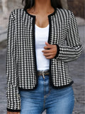 vlovelaw  Houndstooth Print Jacket, Casual Open Front Crew Neck Long Sleeve Outerwear, Women's Clothing
