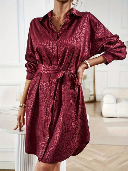 Leopard Pattern Polo Collar Belted Dress, Casual Button Front Long Sleeve Dress, Women's Clothing