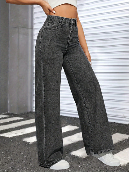 Loose Fit Washed Baggy Jeans, Slant Pockets Non-Stretch Casual Wide Legs Jeans, Women's Denim Jeans & Clothing