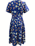 vlovelaw  Floral Print V Neck Dress, Elegant Knot Pleated Short Sleeve Dress, Women's Clothing