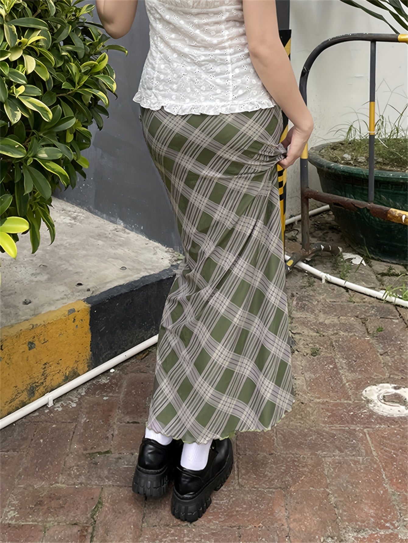 vlovelaw  vlovelaw  Plaid Print Lettuce Trim Skirt, Vintage Bodycon Skirt For Spring & Fall, Women's Clothing