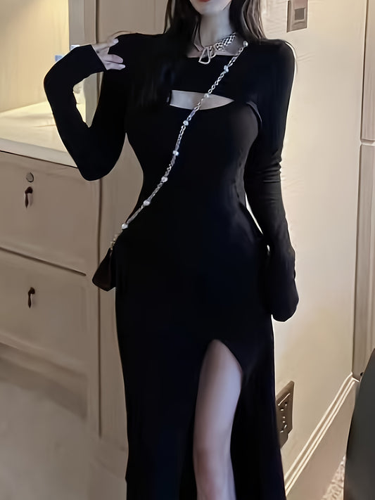 vlovelaw  Cut Out Split Thigh Dress, Sexy Solid Long Sleeve Bodycon Dress, Women's Clothing