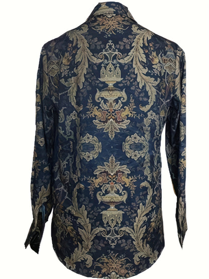 Allover Print Button Front Blouse, Casual Long Sleeve Blouse For Spring, Women's Clothing
