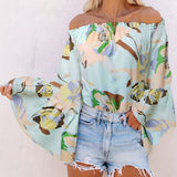vlovelaw Women's T-shirt Women Floral Print Smocked Cuff Flare Sleeve Shirt