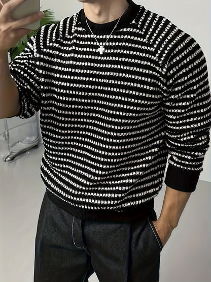 vlovelaw Men's Stylish Stripe Pattern Knitted Pullover, Casual Breathable Long Sleeve Crew Neck Top For City Walk Street Hanging Outdoor Activities
