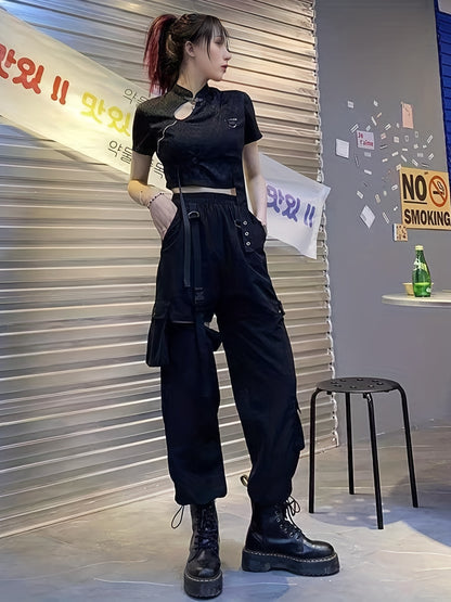 vlovelaw  Cutout Pocket Belted Cargo Pants, Casual Pants For Fall & Spring, Women's Clothing