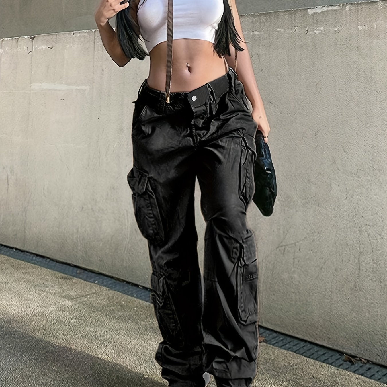 Wide Legs Baggy Cargo Pants With Flap Pockets, Girl's Y2K Style Jeans, Y2K Kpop Vintage Style Women's Clothing & Denim