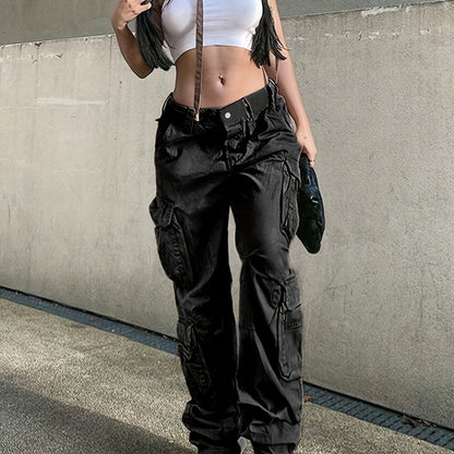 Wide Legs Baggy Cargo Pants With Flap Pockets, Girl's Y2K Style Jeans, Y2K Kpop Vintage Style Women's Clothing & Denim