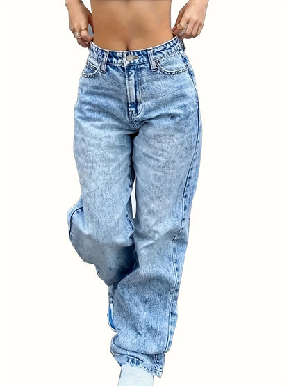 vlovelaw Blue Loose Fit Baggy Jeans, Straight Legs Washed Wide Legs Jeans, Women's Denim Jeans & Clothing