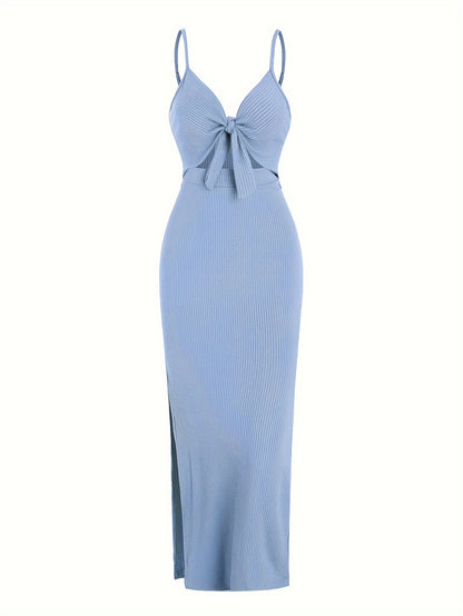 vlovelaw Sexy Spaghetti Strap Ribbed Knot Cutout Side Split Maxi Dress, Solid Body-Con Dress For Spring & Fall, Women's Clothing
