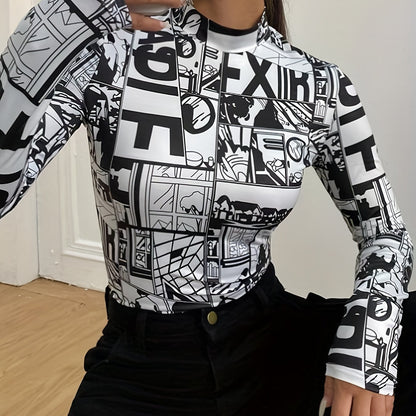 Y2K Anime Print T-Shirt, Long Sleeve High Neck Casual Top, Women's Clothing