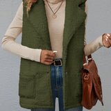 Lapel Patched Pockets Vest Jacket, Casual Thermal Sleeveless Jacket For Fall & Winter, Women's Clothing