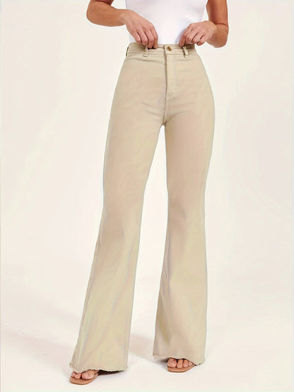 vlovelaw High Rise High Waist Nude Color Slim Fit Wide Legs High Stretchy Solid Plain Color Flare Jeans, Women's Denim Jeans