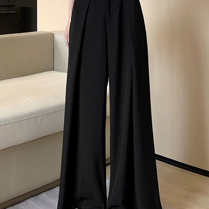 vlovelaw  Solid Button Front Wide Leg Pants, Versatile High Waist Pants For Spring & Fall, Women's Clothing