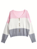 vlovelaw Color Block V Neck Pullover Sweater, Casual Long Sleeve Button Sweater, Women's Clothing