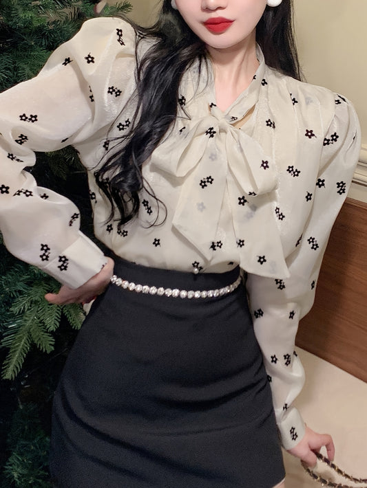 vlovelaw Floral Print Tie-neck Blouse, Chic Long Sleeve Blouse For Spring & Fall, Women's Clothing