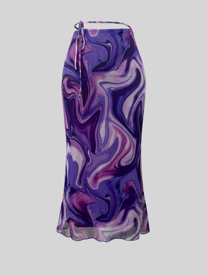All Over Print Tie Waist Mesh Skirt, Casual Skirt For Spring & Summer, Women's Clothing