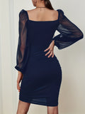 vlovelaw  Ruched Bodycon Mini Dress, Sexy Square Neck Long Sleeve Dress, Women's Clothing