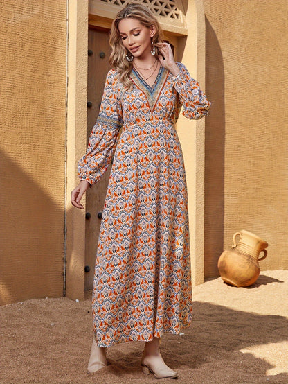 vlovelaw Boho Allover Print A-line Dress, Vintage Long Sleeve V Neck Dress For Spring & Fall, Women's Clothing