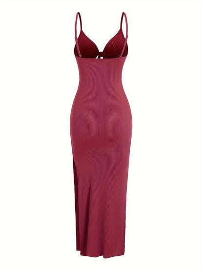 vlovelaw Sexy Spaghetti Strap Ribbed Knot Cutout Side Split Maxi Dress, Solid Body-Con Dress For Spring & Fall, Women's Clothing