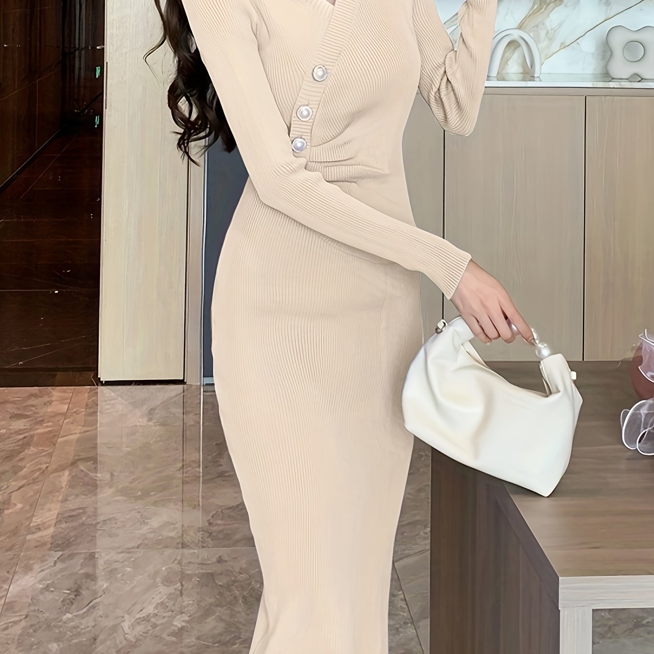vlovelaw  Button Front Solid Midi Dress, Elegant V Neck Long Sleeve Dress, Women's Clothing