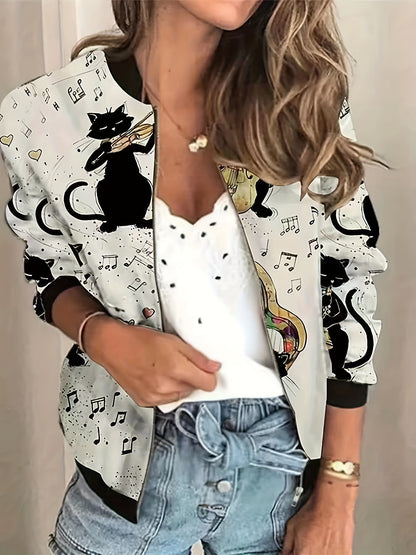 vlovelaw Graphic Print Zipper Jacket, Casual Baseball Neck Long Sleeve Outerwear, Women's Clothing