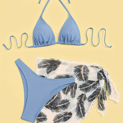 Three-Piece Bikini Set - Flattering Halter Neck Design, Ultra Quick-Drying Technology, Comfortable Four-Way Stretch Fabric - Designed for Women, Vibrant Feather Print Pattern, Matching Cover Up Skirt, Perfect for Beachwear and Poolside Fashion