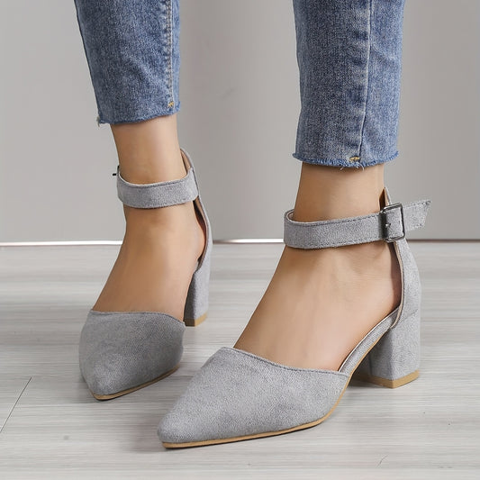 Stylish Ankle Strap Chunky Heels Pumps - Pointed Toe Solid Color D'Orsay Mid Heels, Versatile Sandals with Adjustable Ankle Strap for Comfortable Walking and Elegant Look