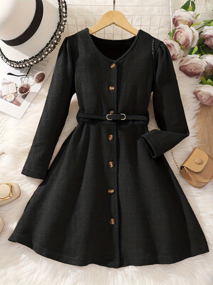 Girl's Elegant Textured Button Up Maxi Dress For Spring/autumn, Kids Clothing