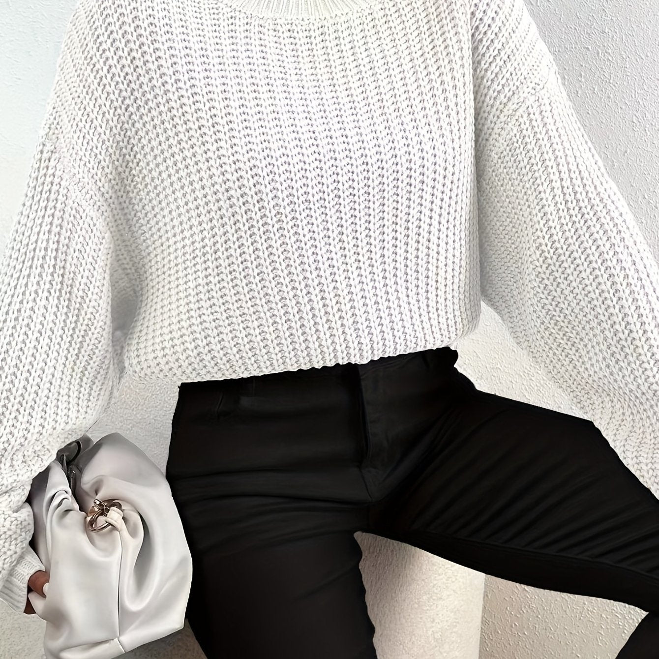 vlovelaw  Crew Neck Rib Knit Sweater, Casual Drop Shoulder Oversized Long Sleeve Loose Fall Winter Knit Sweater, Women's Clothing