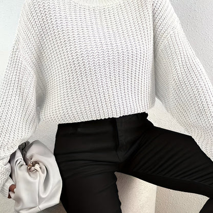 vlovelaw  Crew Neck Rib Knit Sweater, Casual Drop Shoulder Oversized Long Sleeve Loose Fall Winter Knit Sweater, Women's Clothing