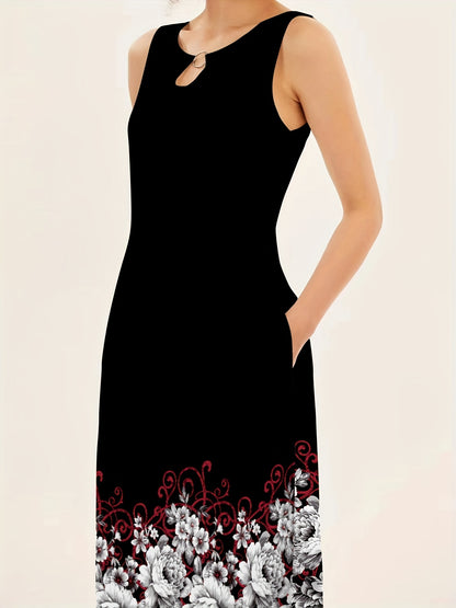 Floral Print Ring Linked Dress, Casual Crew Neck Dual Pockets Tank Dress, Women's Clothing