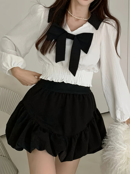 Contrast Trim Bow Decor Blouse, Sweet Lantern Sleeve Blouse For Spring & Fall, Women's Clothing