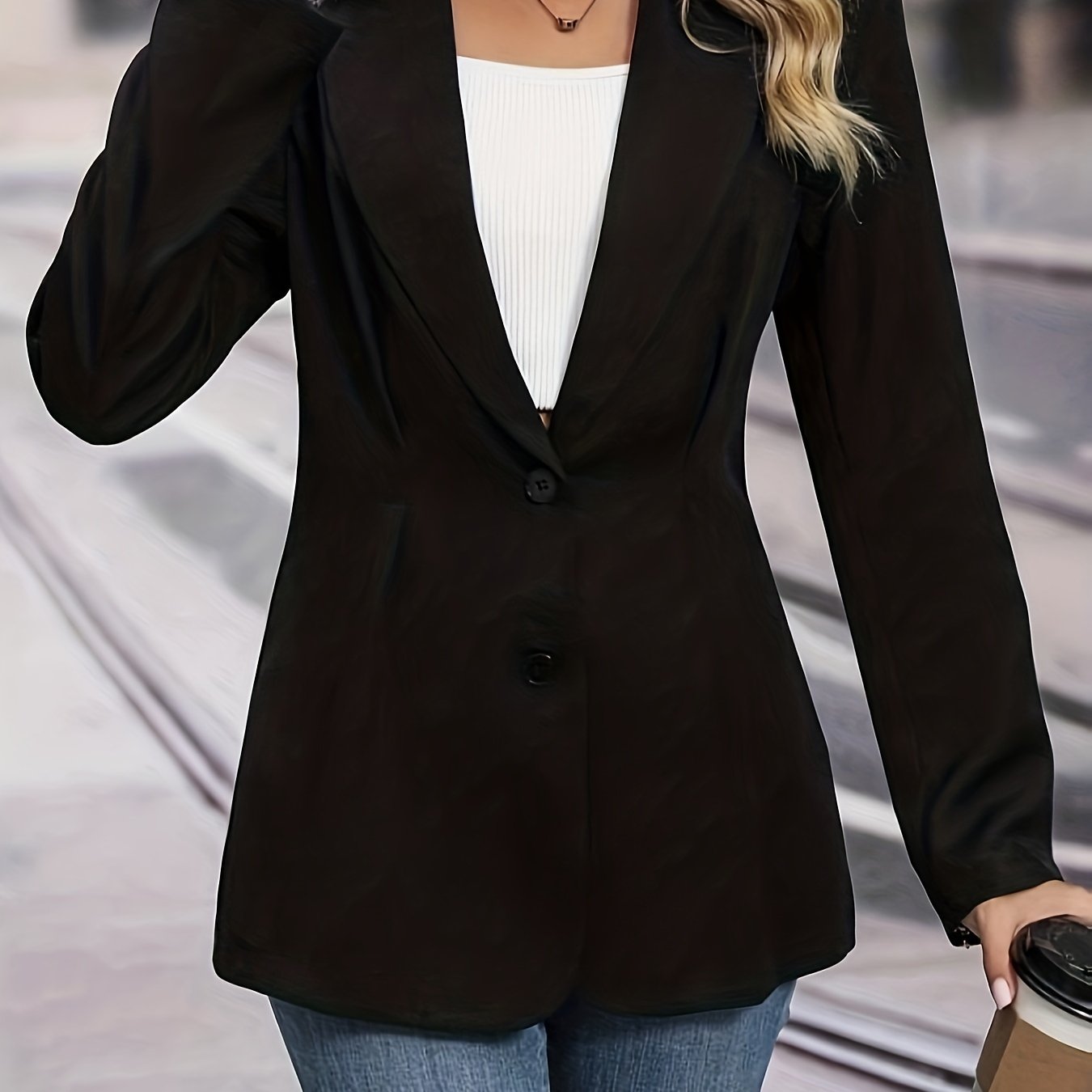 Single Breasted Lapel Blazer, Elegant Solid Long Sleeve Work Office Outerwear, Women's Clothing